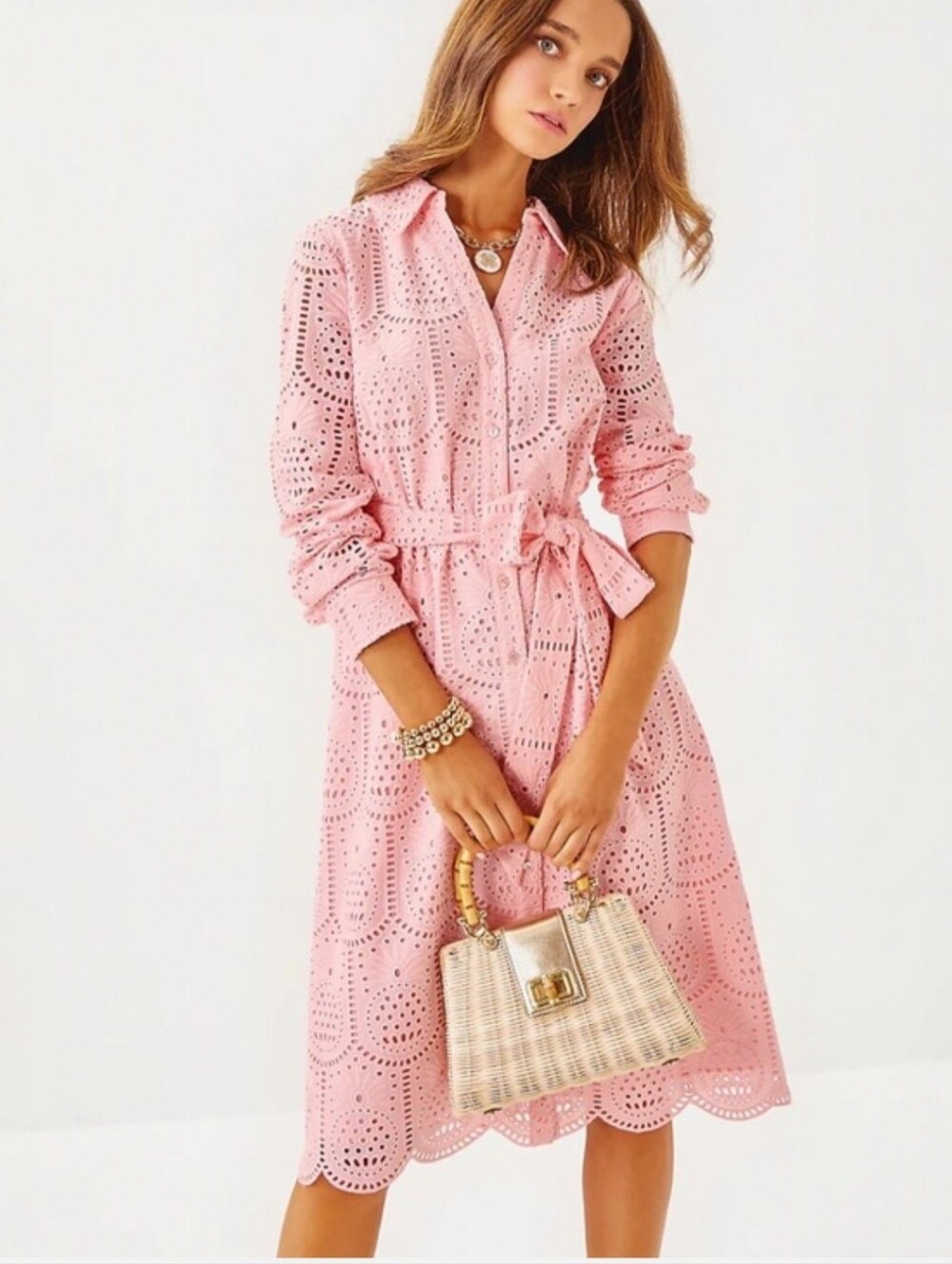 Lilly Pulitzer Eira Midi Shirt dress Pink Eyelet with Tie Waist